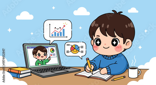 Cute cartoon boy studying online with laptop and taking notes, showing charts and graphs for education