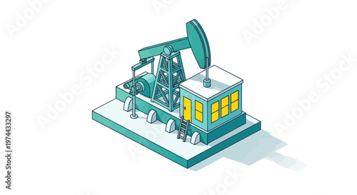 Isometric Oil Pump Jack and Control Room Illustration.