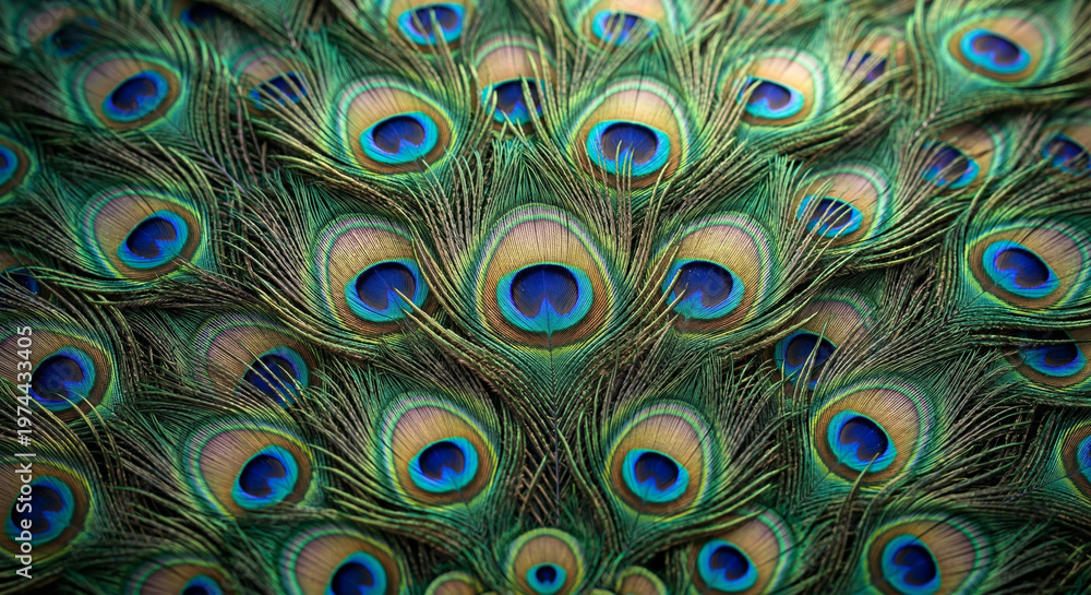 Fototapeta premium Dense peacock feather arrangement filling frame, layered textures, shimmering iridescent colors, studio lighting, high dynamic range, elegant natural pattern.