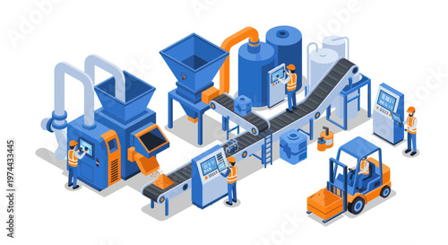 Isometric Plastic Recycling Plant with Workers and Machinery.