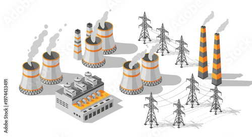 Isometric Power Plant and Electricity Generation Infrastructure.