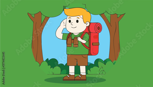 vector Cartoon Boy Hiker with Backpack in Forest