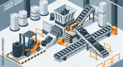 Isometric Tire Recycling Plant with Conveyor Belts and Forklift.