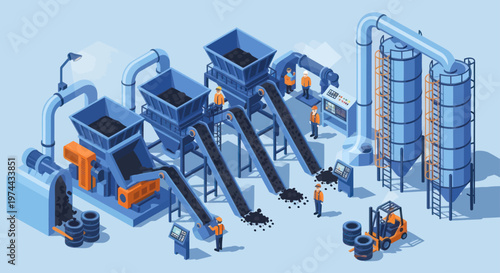 Isometric Tire Recycling Plant with Conveyor Belts and Workers.