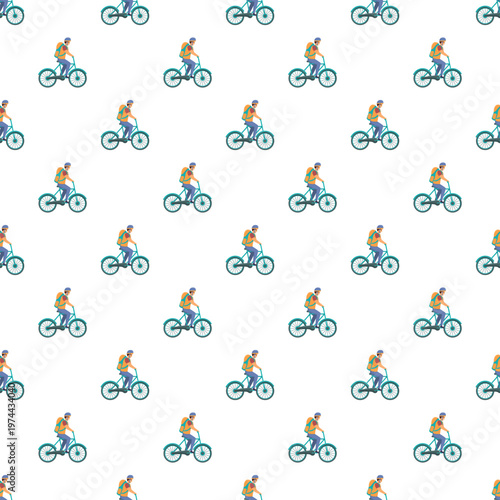 Delivery couriers riding bicycles, carrying backpacks, creating a repeating seamless pattern