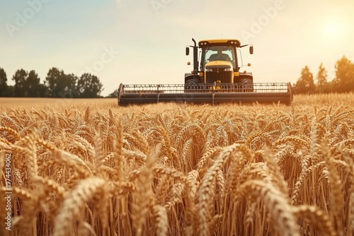 Golden Wheat Field Harvest Modern Tractor Efficiently Collecting Ripe Crops Under Clear Blue Sky