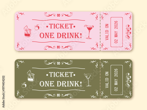Vintage drink ticket template set cocktail bar event voucher design
