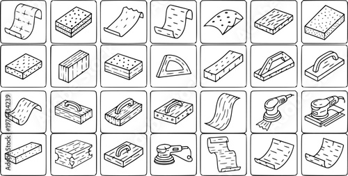 Sanding Tools and Abrasives for Construction, Woodworking, and DIY Projects - Black and White Line Art Icons