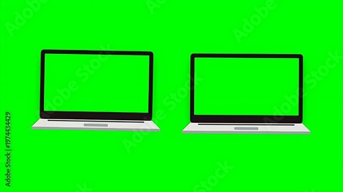 Two modern laptops displaying green screens on a vibrant chroma key background for compositing