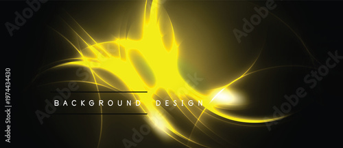 Bright yellow energy swirls over dark backdrop. Abstract design features glowing lines, curves, text reads background design.