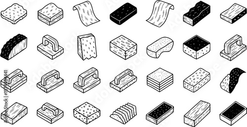 Isometric Black  White Line Art Icons: Cleaning Sponges, Scrubbers,  Construction Hand Tools for Household  DIY Projects