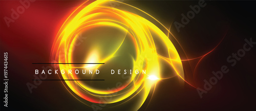 Bright swirling light forms abstract design. Red, yellow hues dominate dark background. Text reads background design.