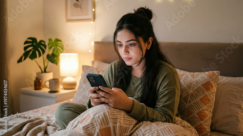 Young woman using smartphone while relaxing on bed, nighttime indoor setting, modern lifestyle and digital connection.