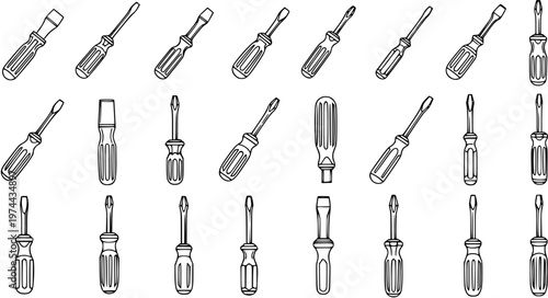 Industrial Tools Line Art: Black and White Outline Screwdrivers Vector Set for Construction, Repair, and DIY Projects