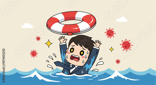 Businessman struggling in stormy ocean water with virus particles, reaching for a life preserver for help