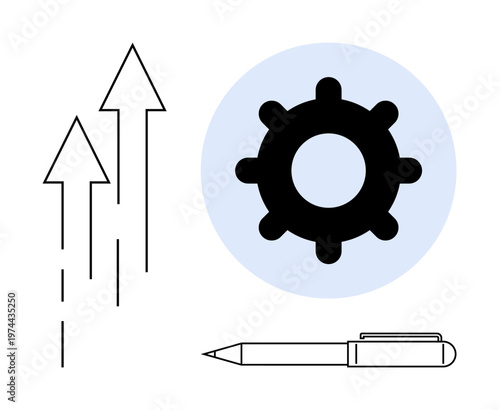 Business growth concept. Gear, arrows, and pen process improvement, upward growth, and planning. Business growth linking strategy, productivity and innovation. For corporate process design