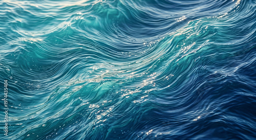 Abstract ocean surface with flowing waves, turquoise and deep blue gradients, soft sunlight reflections, smooth motion feel, ultra-detailed water texture.