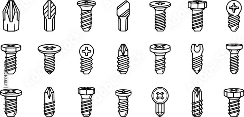 Hardware  Construction Industry Screws and Screwdriver Bits - Black and White Line Art Icon Set
