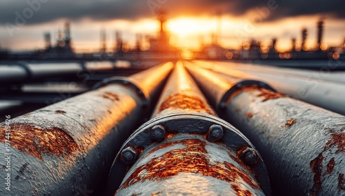 Industrial steel conduits move gas or liquid across the terrain, their heavy metal construction showing signs of rust and wear that denote age and heavy use, serving as a transport system for energy