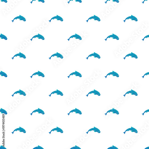 Cartoon blue sharks swimming on a white background, forming a repeating pattern