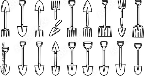 Black and White Line Art of Various Garden Tools: Shovels, Spades, Forks, and Trowel