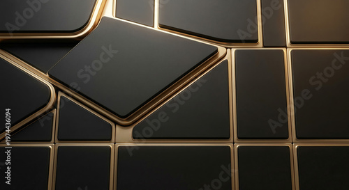 Modern luxury background with black matte panels and gold lines, geometric layout, clean reflections, premium minimal aesthetic.