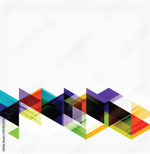 Abstract geometric shapes overlap, creating vibrant color blocks. Minimalist design with large white space above. Modern, dynamic composition.