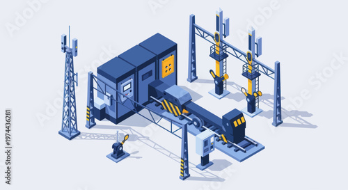Isometric Telecommunication Infrastructure with Antennas and Server Room.