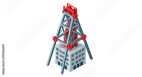 Isometric view of a detailed mine shaft headframe structure.