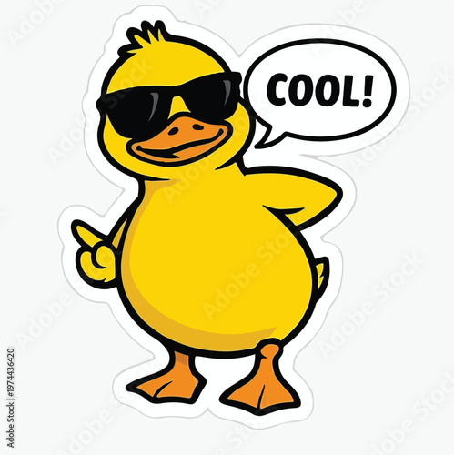 Adorable yellow cartoon duck character wearing stylish black sunglasses proudly pointing while proclaiming "COOL!" in a speech bubble.