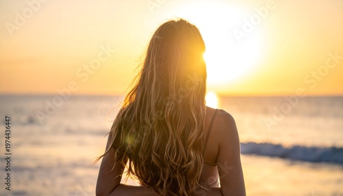 A person with long, blonde hair watches the sun set over the ocean. Warm light creates a silhouetted figure