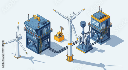 Isometric Wind Power Plant with Control Buildings and Turbines.