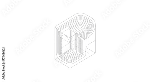 Isometric Wireframe Drawing of a Compact Modern Interior Space.