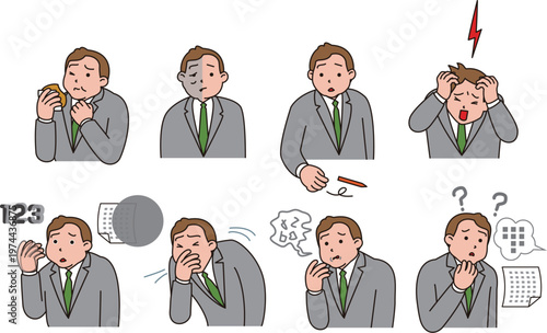 脳などの病気のサイン。頭痛、めまいなど症状があるビジネスマンのイラスト。