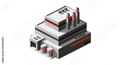 Modern Industrial Factory Building with Smokestacks and Storage Tanks.