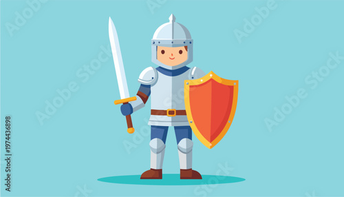 vector A cheerful cartoon knight stands ready for battle, holding a sword and shield against a teal background