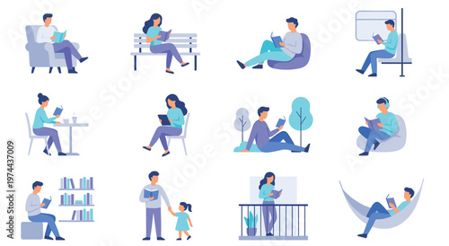 Various people enjoying reading in different environments. From cozy home setups and public transport to outdoor parks and engaging with children. Diverse reading moments.