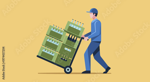 Delivery worker pushing a hand truck loaded with beverage crates.