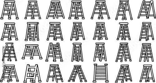 Diverse Black and White Line Art Ladders Collection, Construction and DIY Equipment Icons