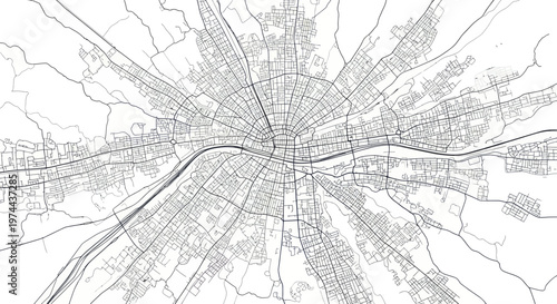 Detailed black and white map of a city with intricate road networks and river.