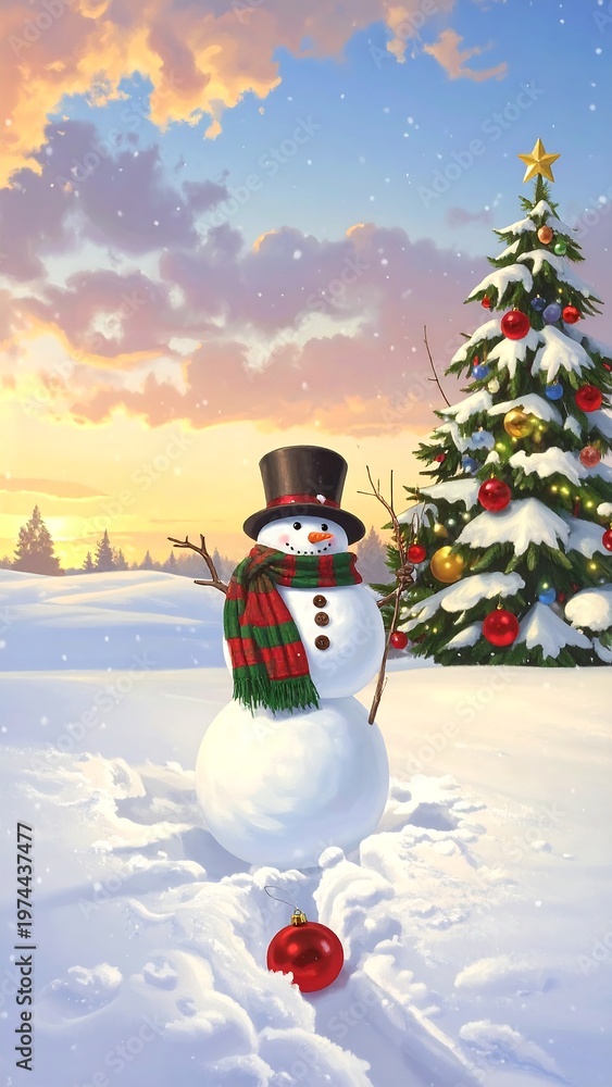 Obraz premium A snowman in a snowy landscape with a Christmas tree at sunset