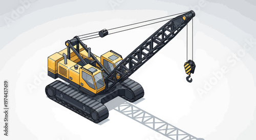 Yellow crawler crane with extended boom and hook on white background.