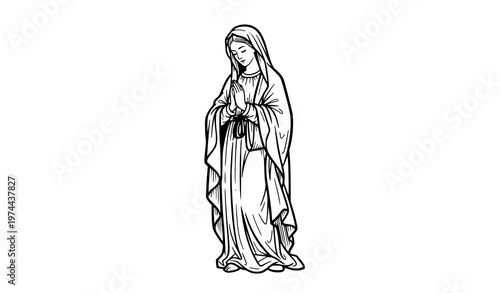 Hand Drawn Virgin Mary Praying Outline Silhouette Spiritual Sketch Vector Illustration