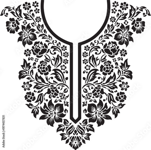 Black Floral Neckline Vector Illustration, Ornate Flower Pattern Design