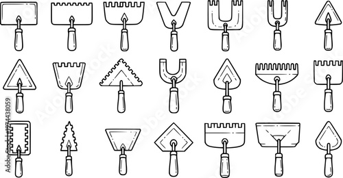 Black and White Line Art Vector Set of Various Trowels and Masonry Tools