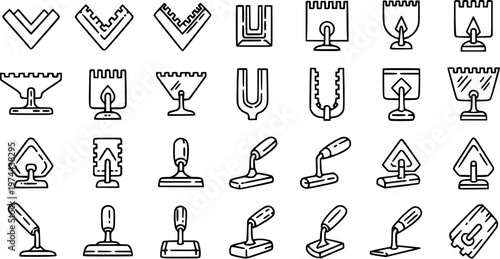 Construction Trowels and Tools Line Art Icons Set - Building and Renovation Equipment