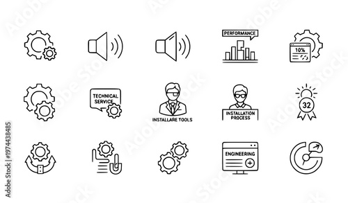 System settings and configuration outline icon collection for technology dashboard and software interface design