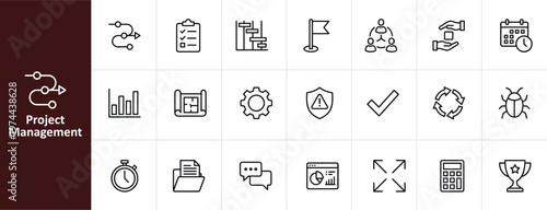 Project Management Line Icon Set - Minimalist Business Planning and Agile Vector Illustrations