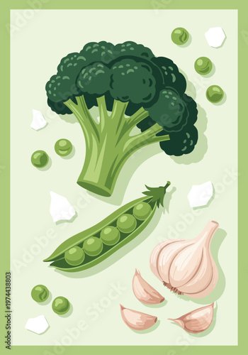 Bilde på lerret Fresh Broccoli, Peas, and Garlic. Healthy Vegetables. Flat lay.