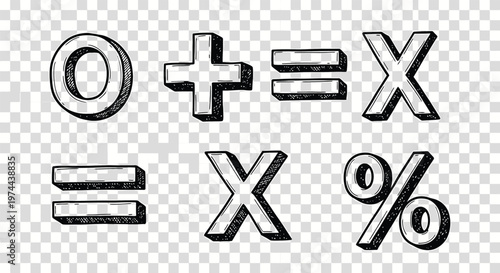 Hand drawn ink illustration depicting a collection of various mathematical symbols and operators